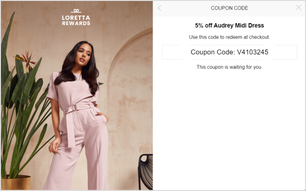 When checking out, the customer logs in to their BigCommerce My Account page and clicks the loyalty launcher to open their loyalty profile. There, they can claim or view their loyalty reward or email discount and copy their unique discount code for use at checkout.