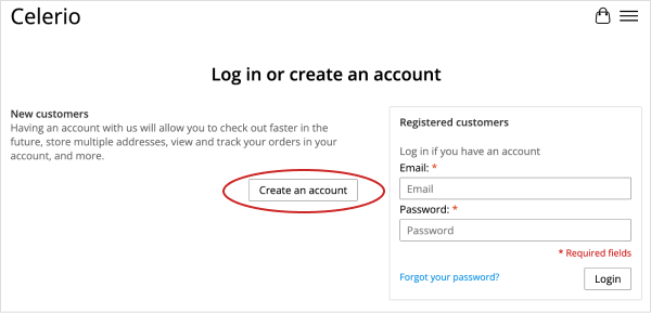 The customer can either click “Create account” in the loyalty portal or click “My Account” via the Lightspeed eCom C-Series online store icon. Both actions direct the customer to the My Account page, where under New Customers, they click “Create an account” to sign up.