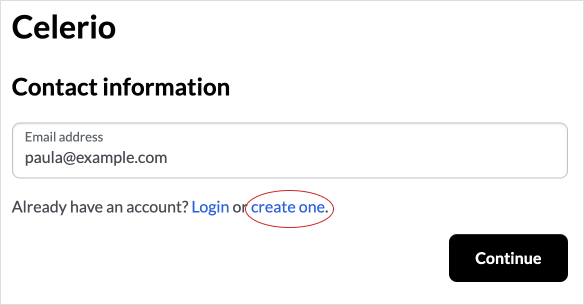 During a Lightspeed eCom C-Series online purchase, customers can create a store account at checkout. When prompted with “Already have an account?”, they can click “Create one” to set up their account.