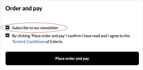 After entering their details, customers click Register. They then complete the Shipping, Delivery, and Billing Address sections during checkout. Finally, under Order & Pay, customers have the option to opt in to receive marketing communications.