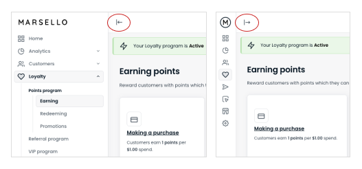Collapse Icon: Click this icon in the top navigation to minimize the side navigation, providing more screen space for your tasks.
