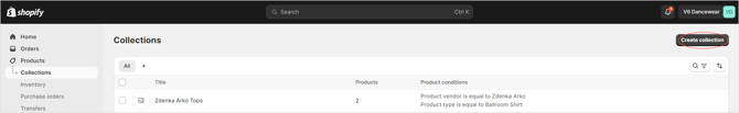 Shopify Admin interface displaying navigation to Products > Collections, with the 'Create Collection' button highlighted to guide users in creating a collection that syncs with Marsello.