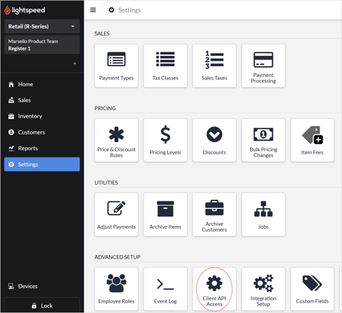 Screenshot showing how to confirm your user role in Lightspeed Retail (R-Series) by navigating to Settings > Advanced Setup > Client API Access from the R-Series dashboard.