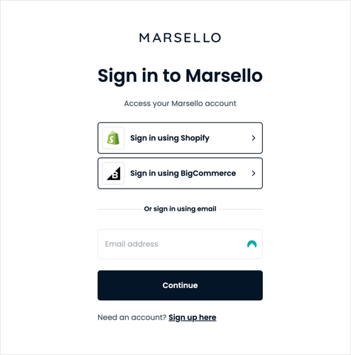 Instructions for additional users to set up their new login. First, open your email inbox. Then, log in to your Marsello account using your existing login credentials.