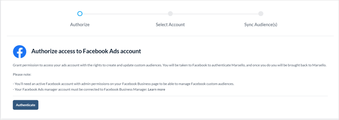 Click Authenticate to start linking your Marsello & Facebook accounts