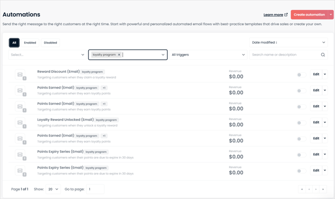 ist of loyalty automation options available in Marsello, including Earned Points Automation, Reward Unlocked Automation, Reward Discounts Automation, Referral Discount Automation, Points Expiry Automation, and VIP Tier Entry Automation.