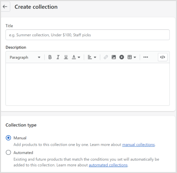 Shopify Admin interface showing the 'Collection Type' dropdown, with 'Manual' selected for creating a collection that syncs with Marsello.